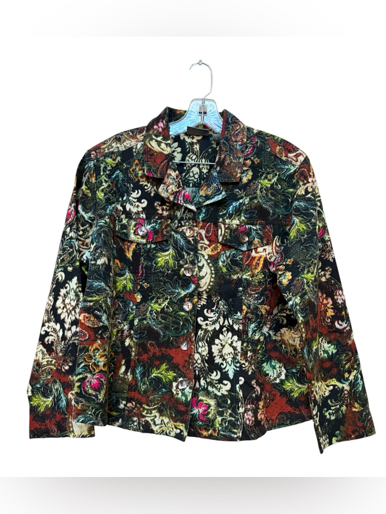 Chico’s Baroque Floral Print Jacket Size 2 Cotton Statement Boho Artsy